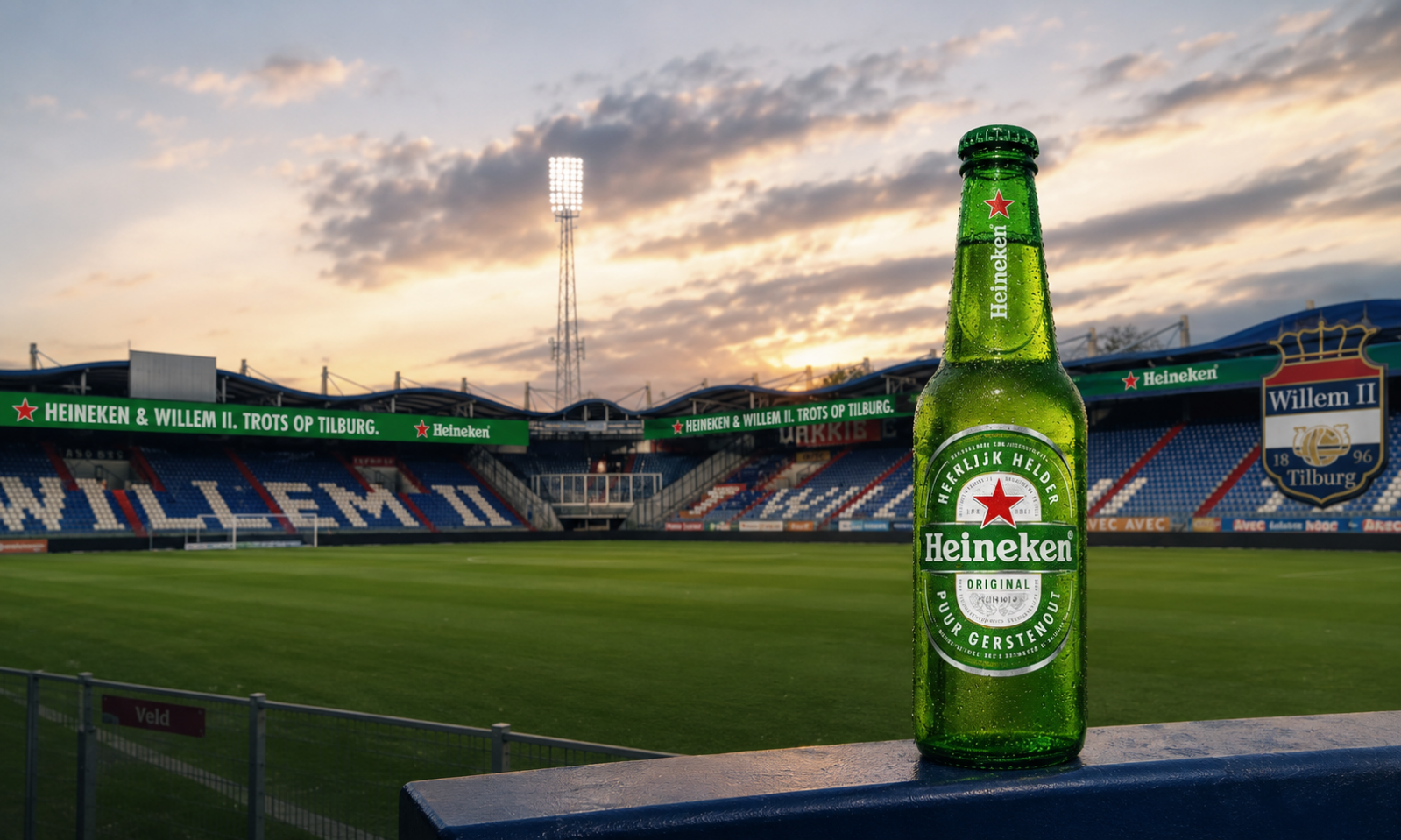 Heineken-fles op de rand van het Willem II-stadion bij zonsondergang.