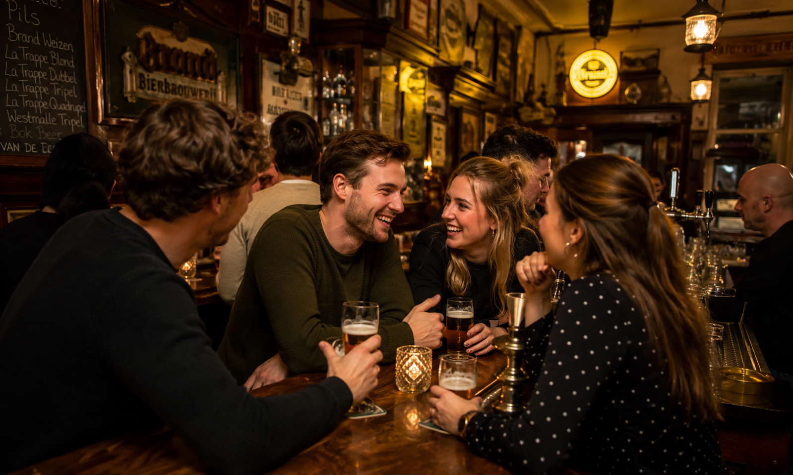Groep jonge volwassenen lacht en praat met bier aan de bar in een warm verlicht café.