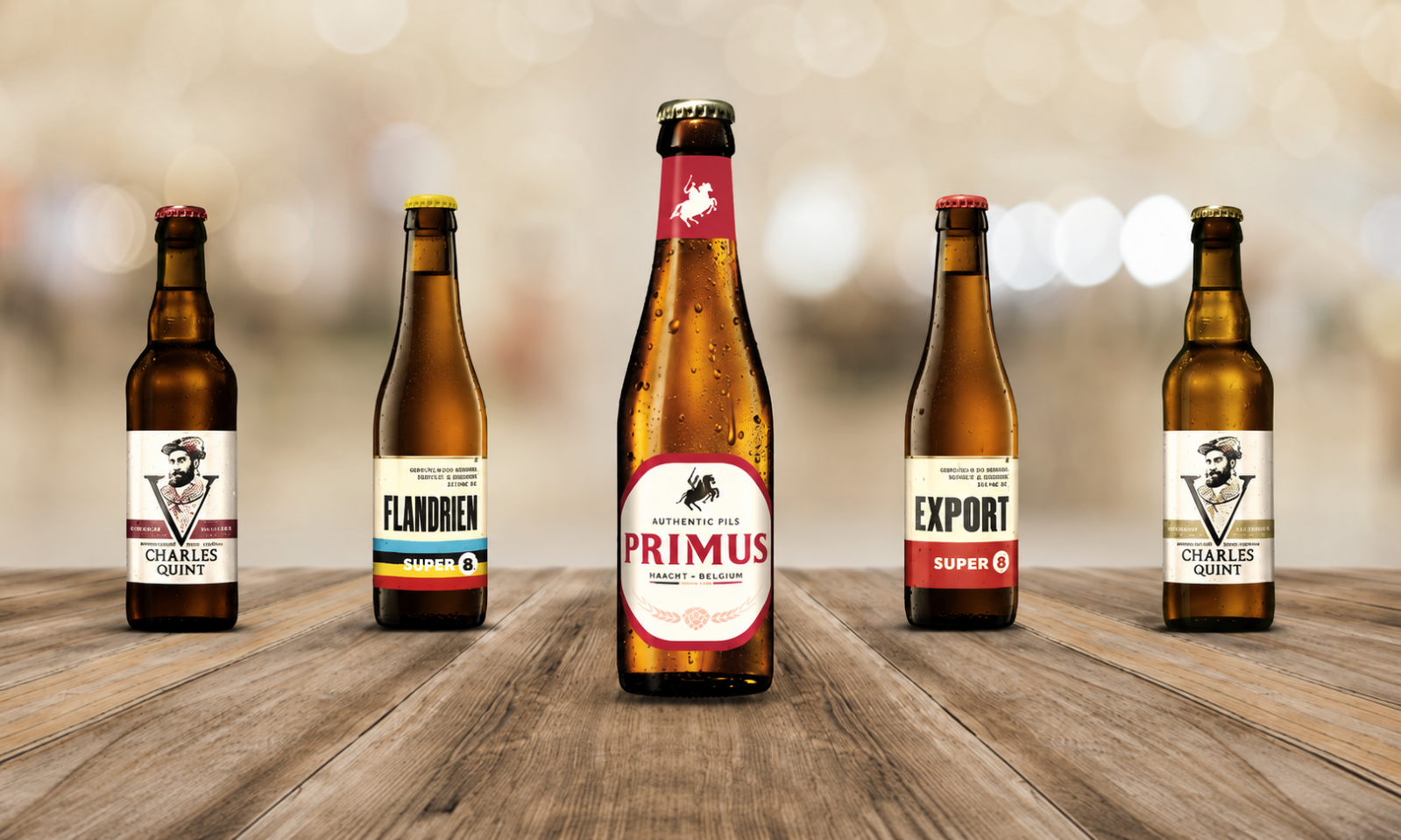 Vijf bierflessen van Haacht op een houten tafel, met Primus centraal en zachte lichtbokeh op de achtergrond.