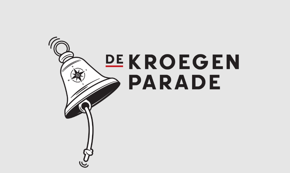 Logo van De kroegen parade met een getekende bel en zwarte tekst op een grijze achtergrond.