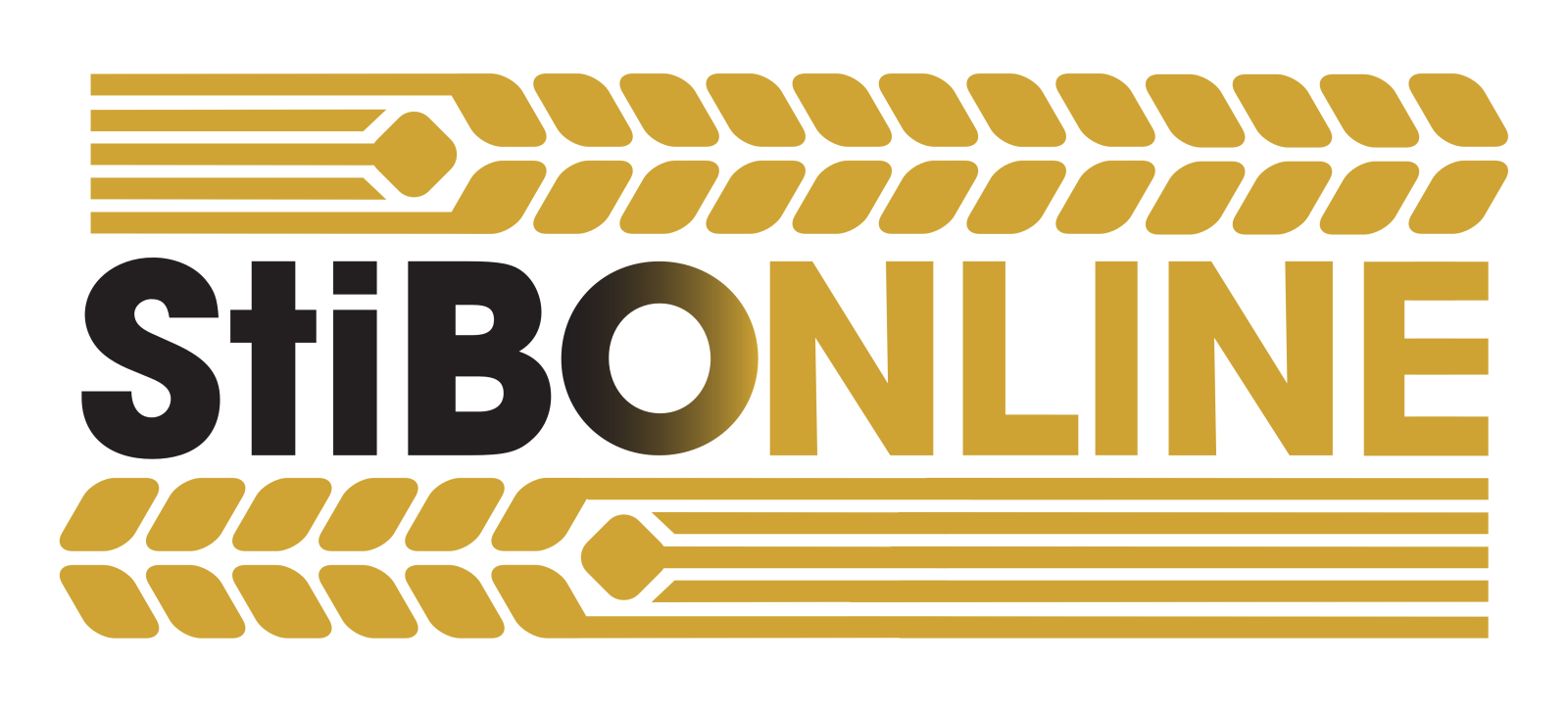 Goud-zwarte StiBONLINE-logo met gestileerde bandensporen op een witte achtergrond.