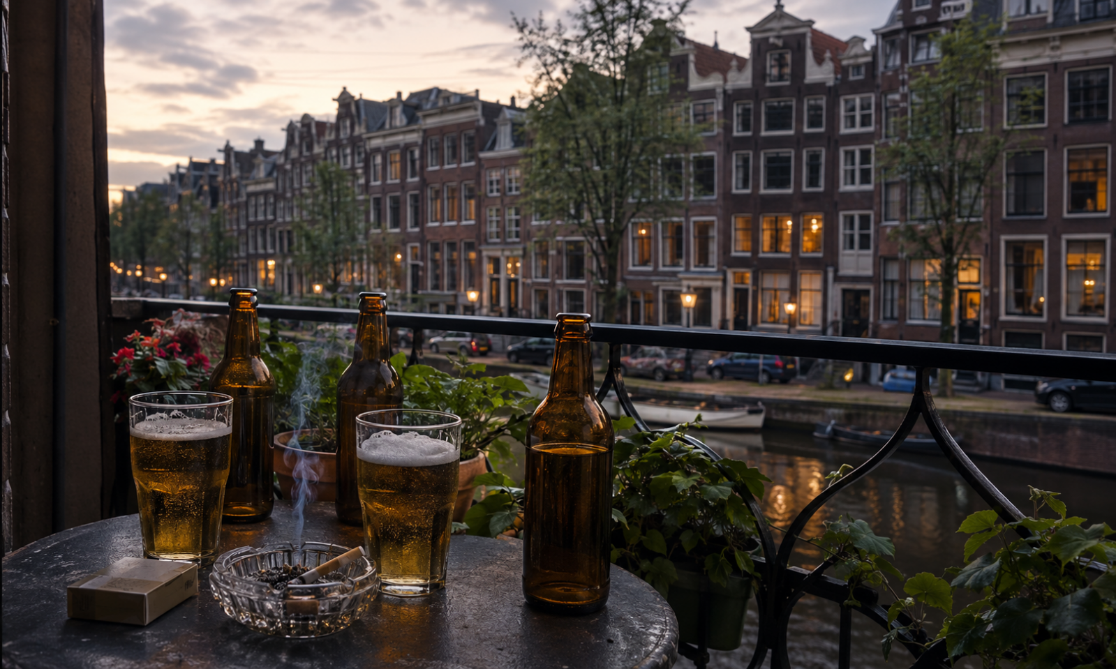 Biertjes en rookwaar op een balkon met uitzicht op Amsterdamse grachtenpanden bij schemering.