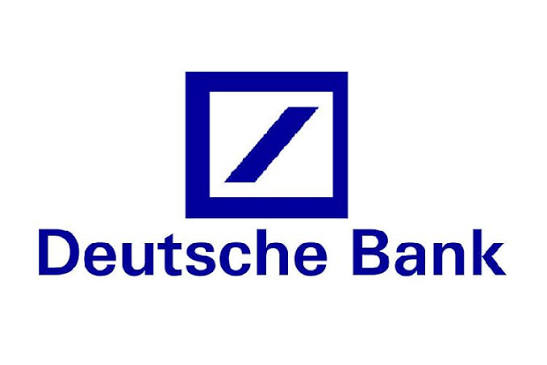 Blauw Deutsche Bank-logo met vierkant beeldmerk en woordmerk op witte achtergrond.
