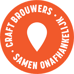 Oranje logo van Craft Brouwers met witte ronde tekst en druppelvorm in het midden.