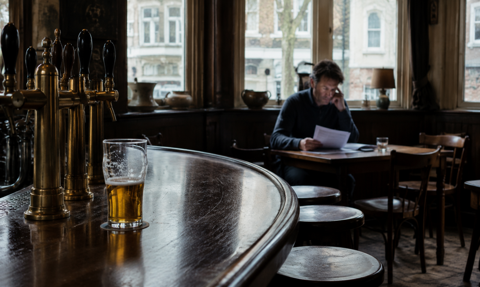 Halfvol glas bier op een cafébar met koperen tapkranen en een man aan een tafel op de achtergrond.