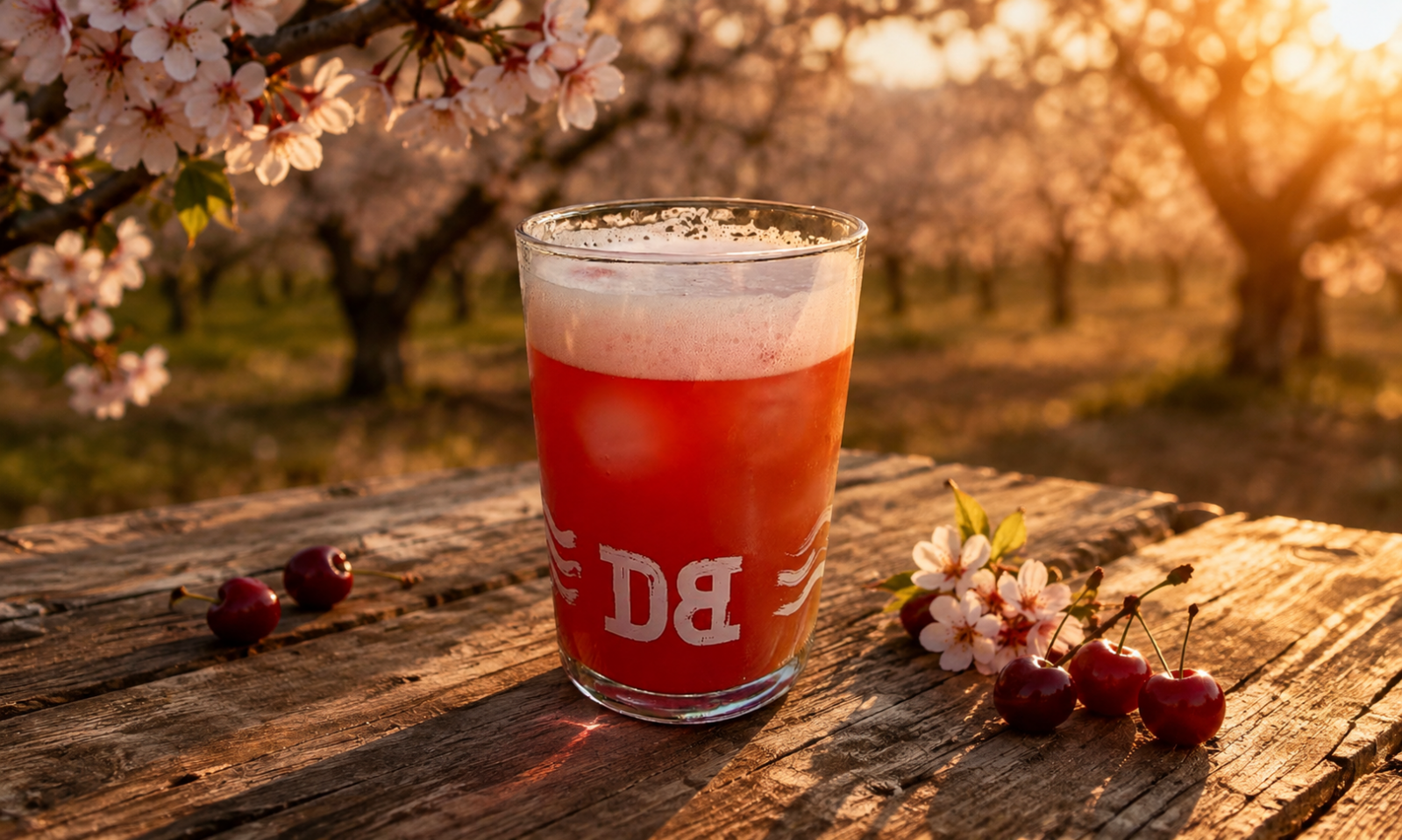 Glas rood kersenbier met schuim op houten tafel tussen kersen en bloesem in een boomgaard bij zonsondergang.