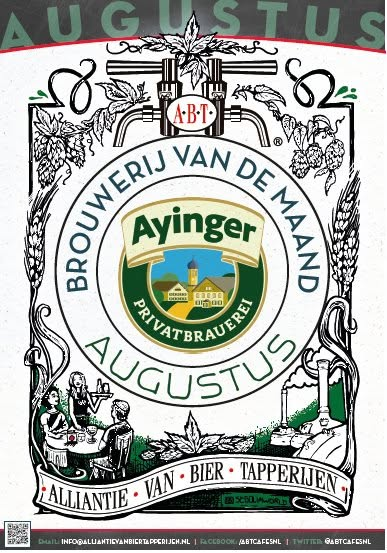 Poster voor ABT Brouwerij van de Maand augustus met Ayinger Privatbrauerei-logo en sierlijke illustraties.