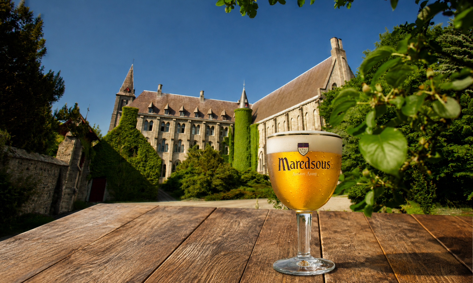 Glas Maredsous-bier op houten tafel met de abdij en groene tuin op de achtergrond
