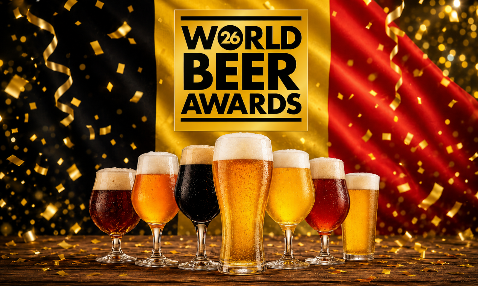 Bierglazen voor Belgische vlag met World Beer Awards 26-logo en gouden confetti.