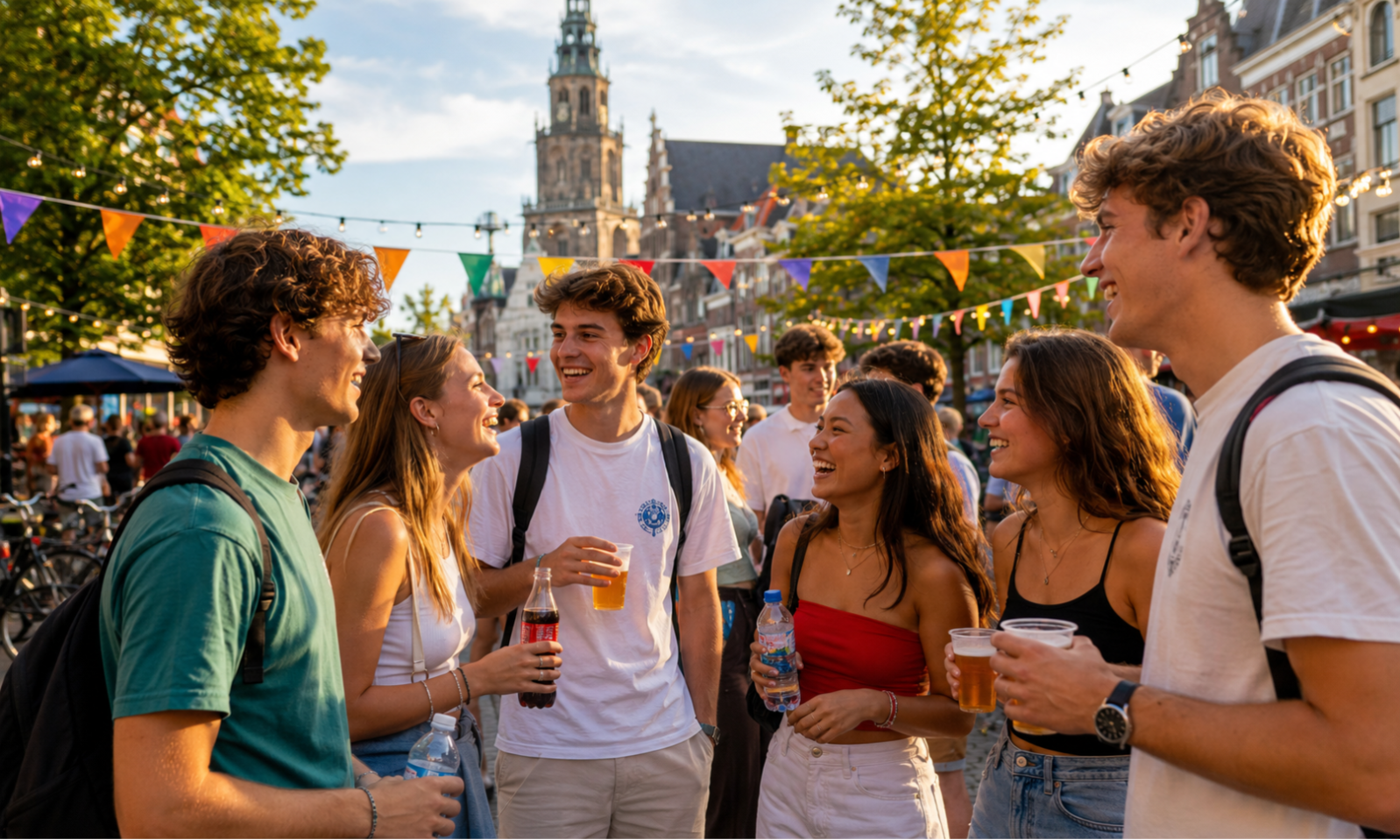 Lachende studenten met drankjes op een feestelijk stadsplein tijdens de introductieweek.