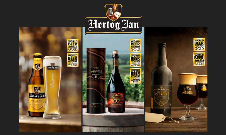Promobeeld van Hertog Jan met Weizener en Grand Prestige naast World Beer Awards-badges.