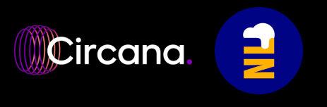 Circana-logo naast blauw rond NL-icoon met gele en witte vormen op zwarte achtergrond.