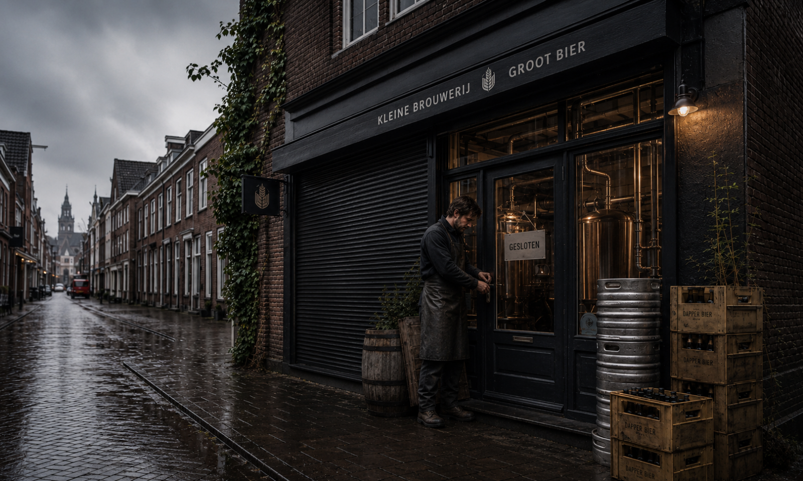 Brouwer sluit een kleine brouwerij in een regenachtige straat met biervaten en kratten voor de deur.