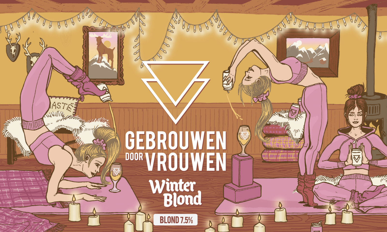 Illustratie van Winter Blond bier met vrouwen in yogahoudingen in een warme berghut.