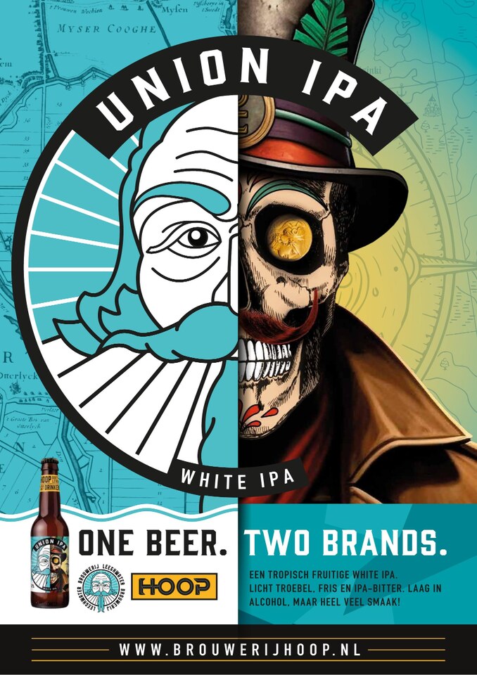 Campagnebeeld van de Union IPA met links de kop van Leeghwater en rechts de kaper van Hoop.