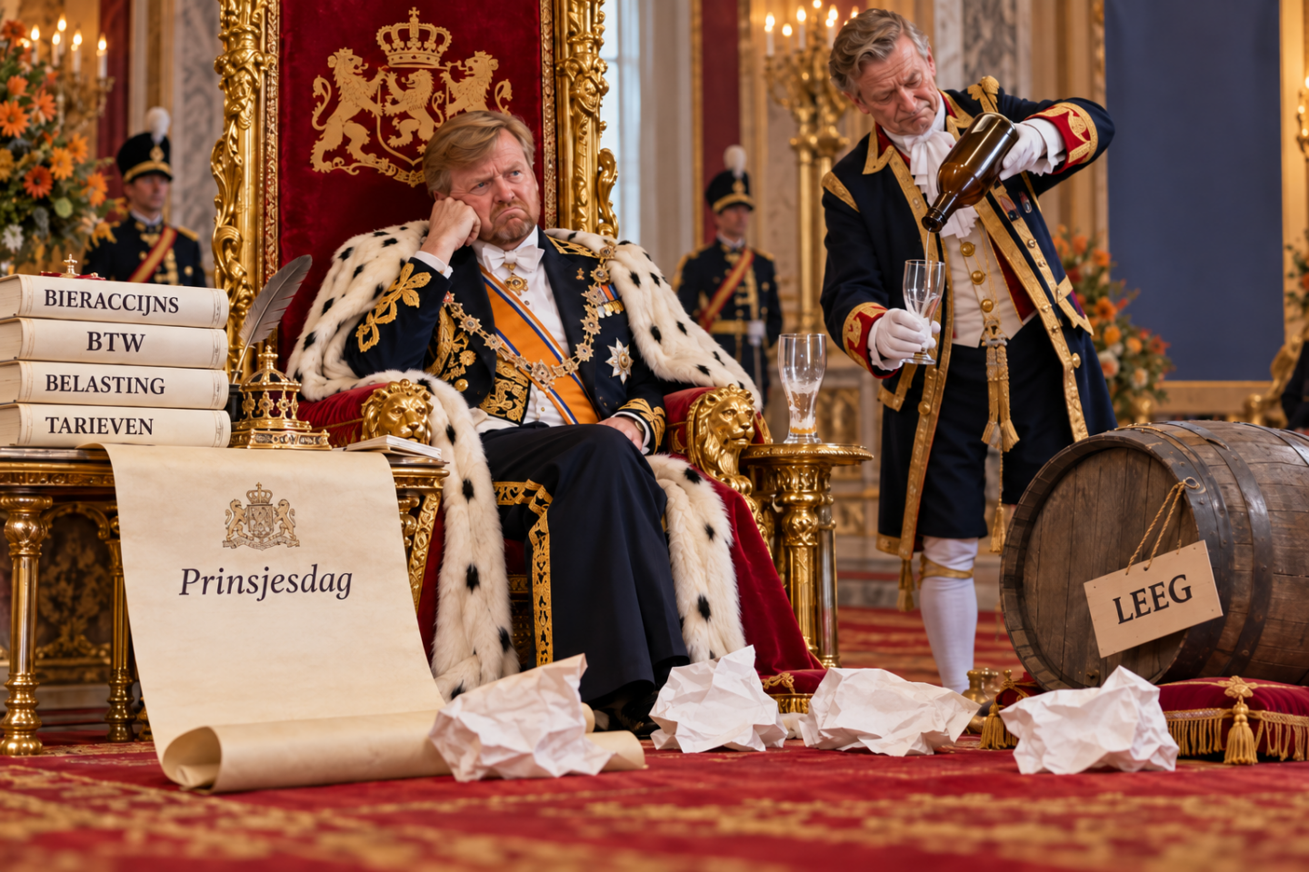 Vorst op troon in paleis, naast stapels belastingdocumenten, lege bierton en ingeschonken bierglas.