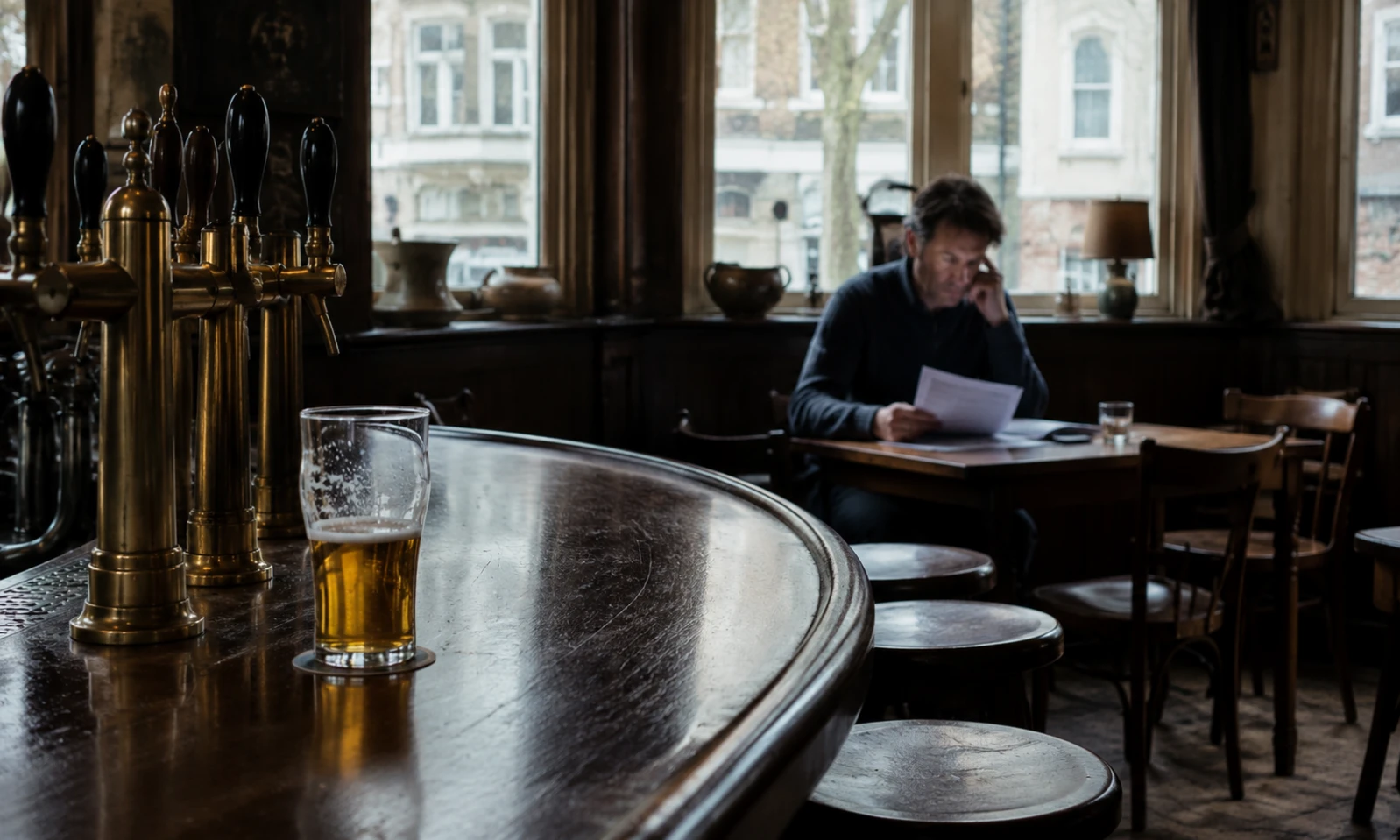 Bierglas op een donkere cafébar met koperen taps en een man die aan tafel papieren leest.