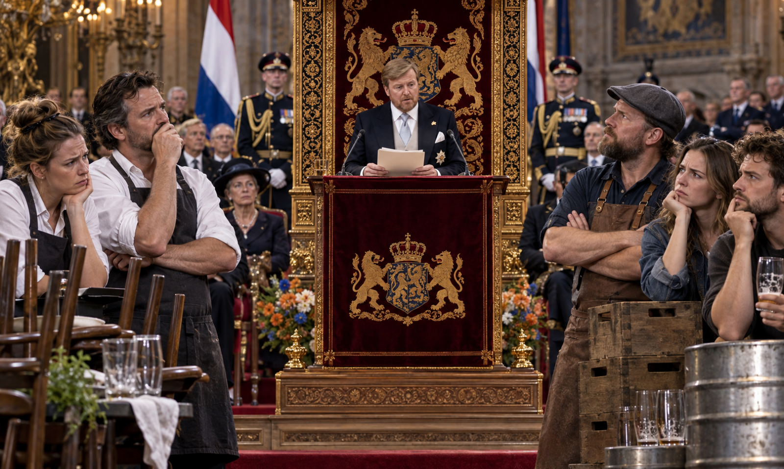 Brouwers en horecamedewerkers kijken bezorgd toe terwijl een spreker de troonrede voorleest.