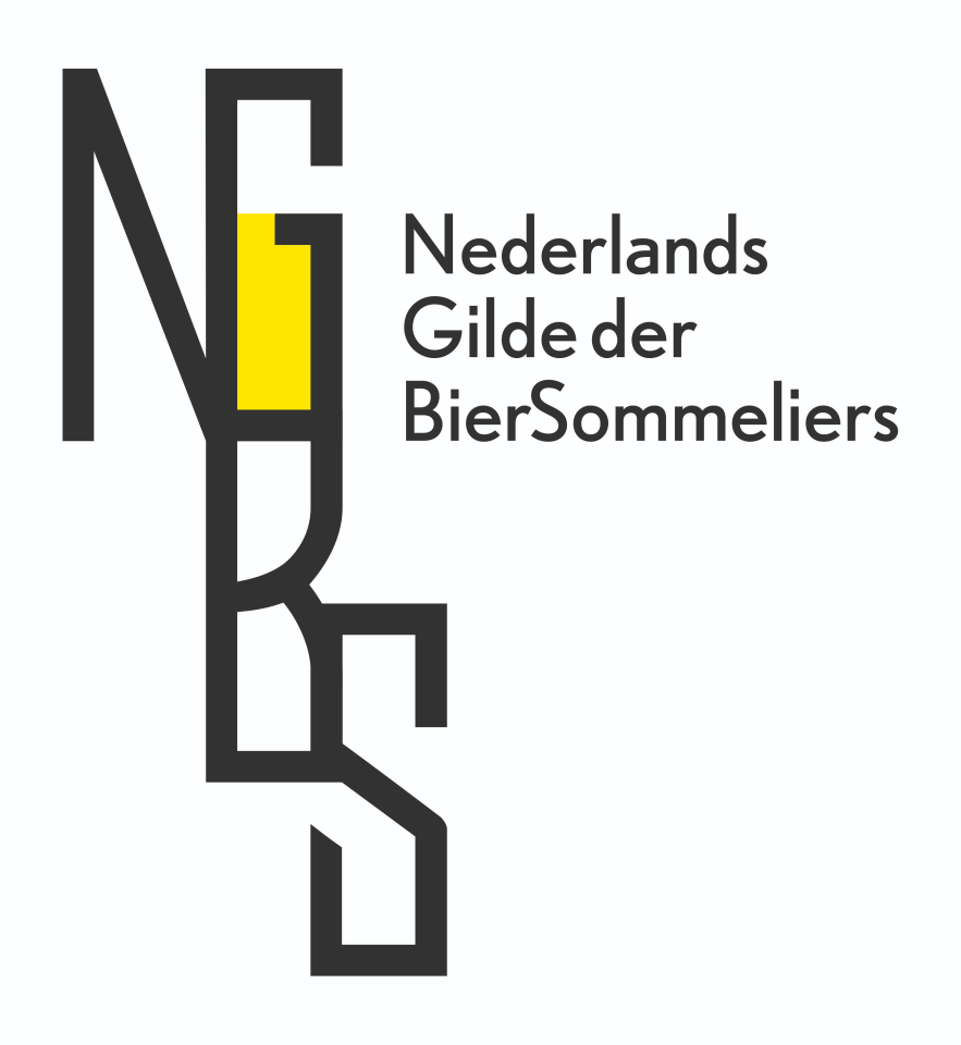 Logo van Nederlands Gilde der BierSommeliers met zwart monogram en geel accent op lichte achtergrond.