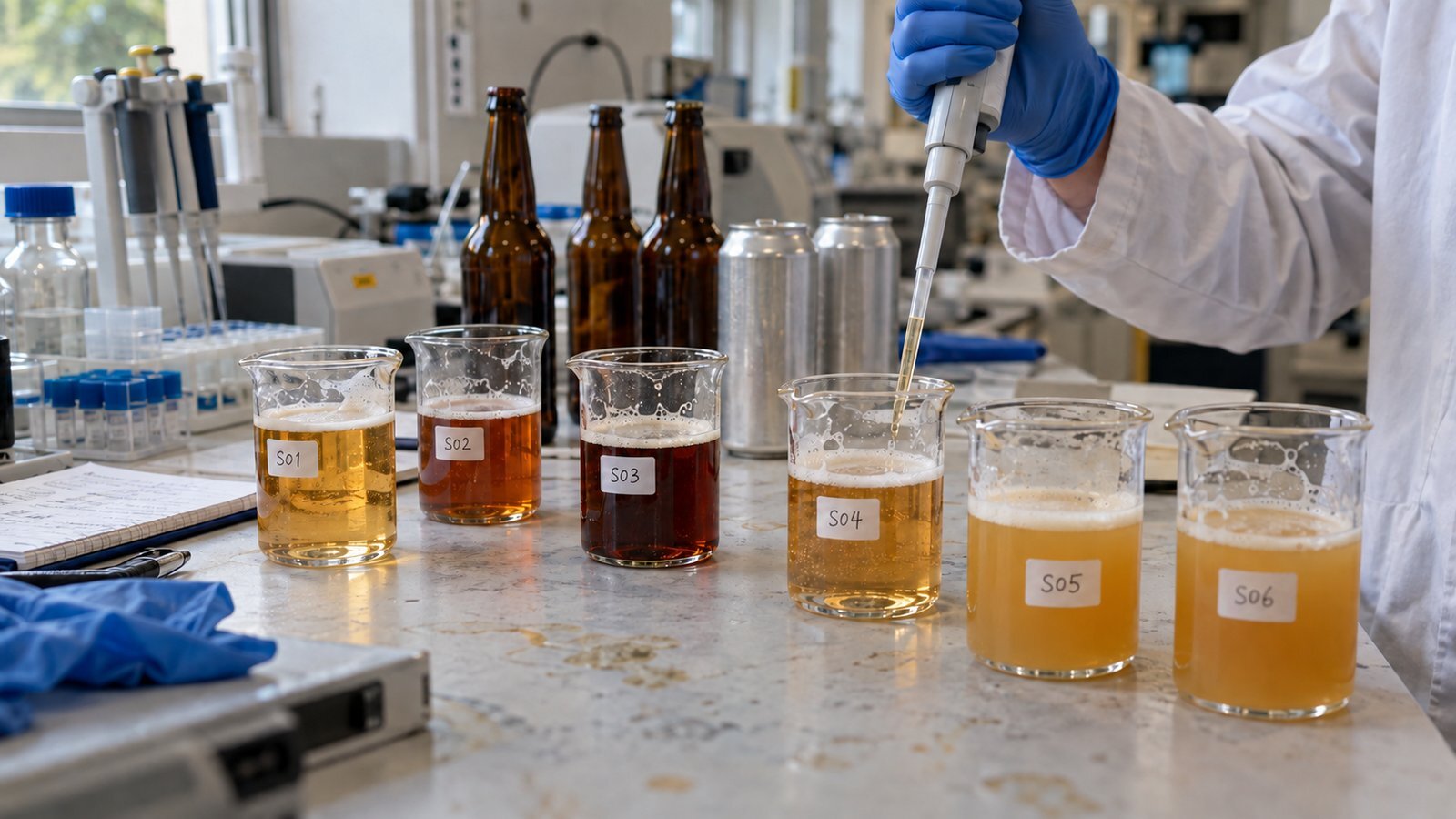 Laborant pipetteert bier uit genummerde monsterbekers in een laboratorium