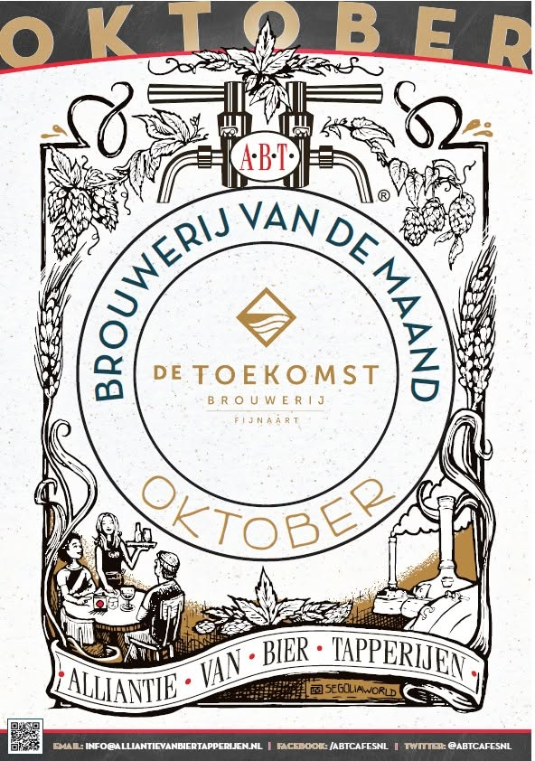 Poster van ABT Brouwerij van de maand oktober met logo van De Toekomst en hopillustraties.