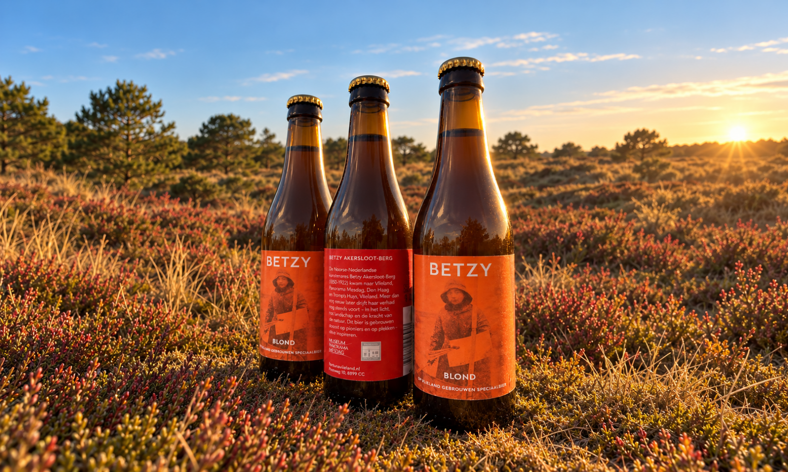 Drie Betzy Blond-bierflessen in heide bij zonsondergang