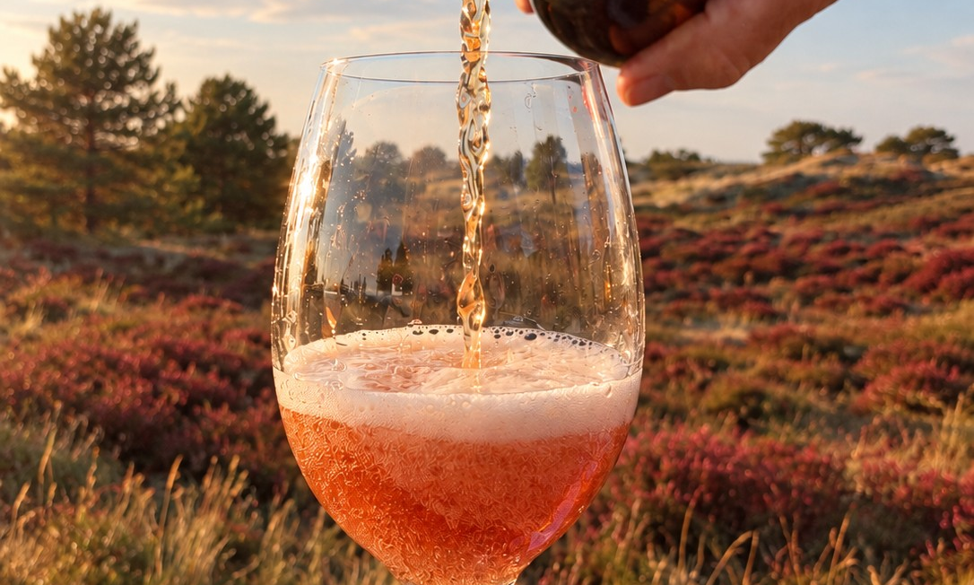 Een glas bier wordt buiten in zonsonderganglandschap ingeschonken