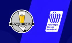 Logo's van Tapwedstrijden en Koninklijke Horeca Nederland op blauwe achtergronden