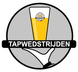 Logo-achtige illustratie met een glas bier in geel en zwart en het woord 'TAPWEDSTRIJDEN' op een zwarte balk