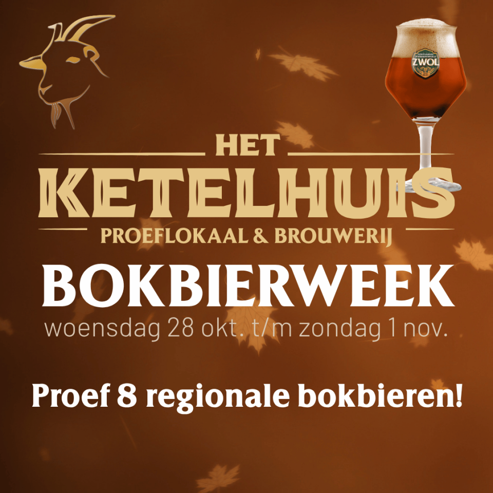Poster met titel 'Het Ketelhuis bokbierweek' in warme herfstkleuren en een bierglas rechtsboven