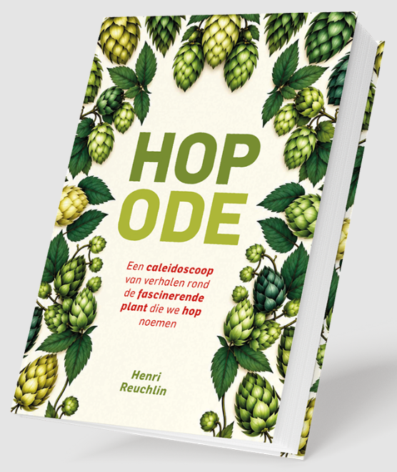 Voorplat van het boek 'HOP ODE' met illustraties van hopplanten en groene letters