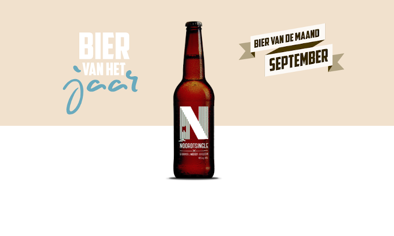 Noordtsingle flesje in het midden tussen banner van bier van de maand september en bier van het jaar