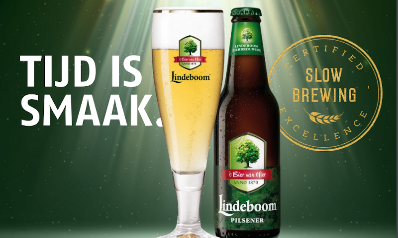 Lindeboom Pilsener met Slow Brewing keurmerk en de tekst Tijd is Smaak