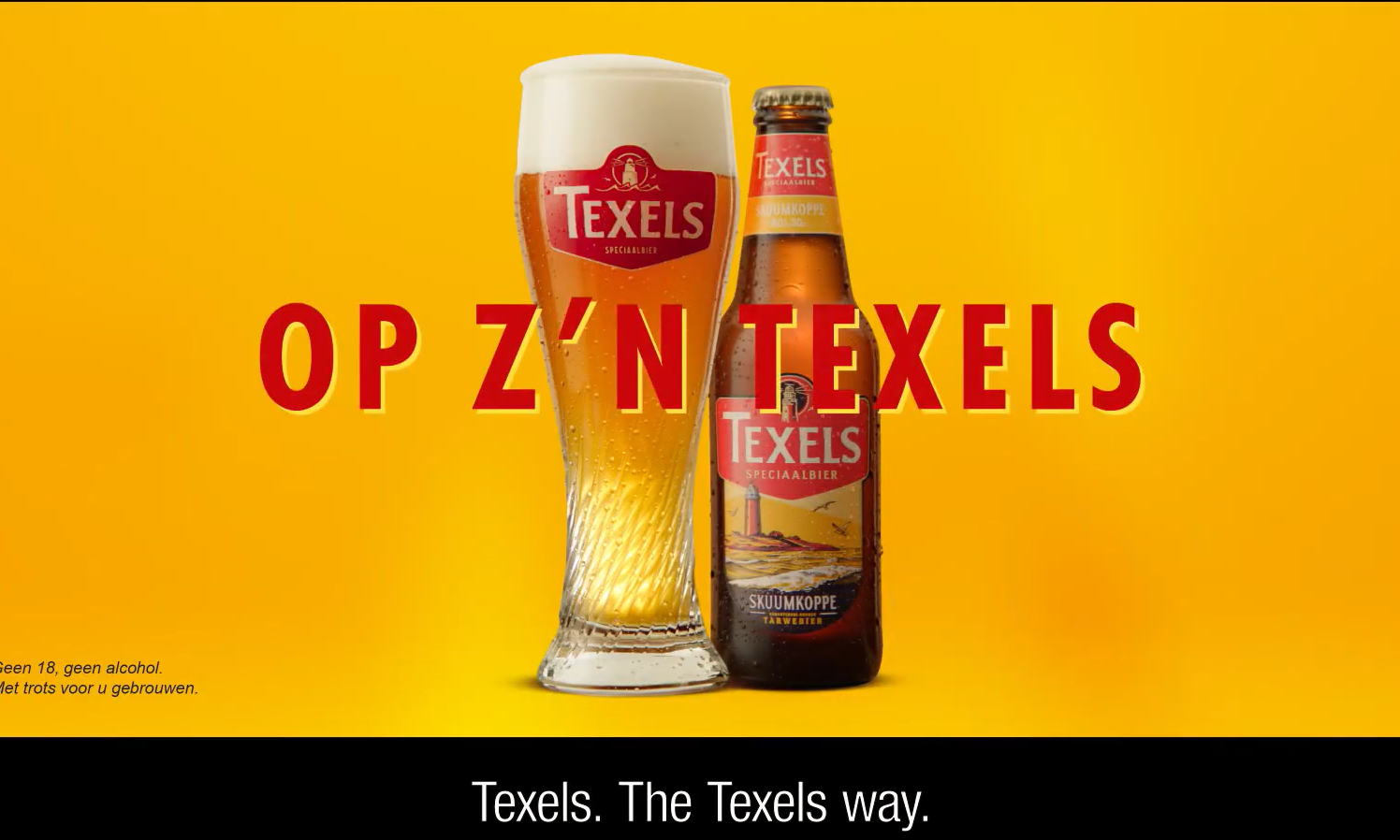 Een Texels bierglas en flesje op een gele achtergrond met tekst 