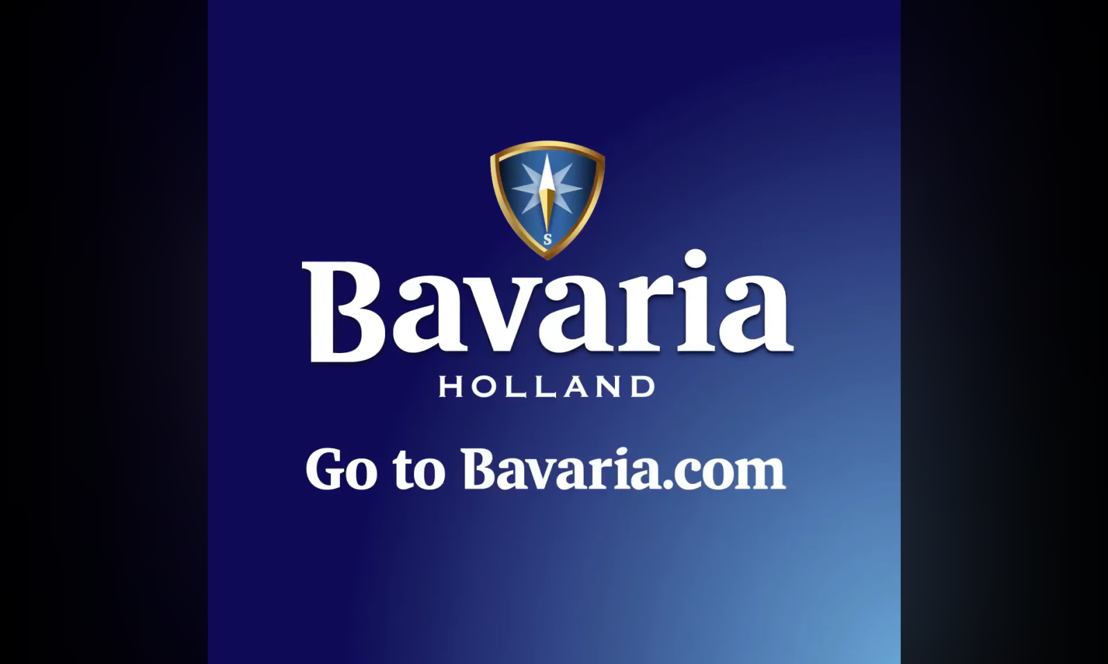 Logo van Bavaria met de tekst 'Go to Bavaria.com' op een blauwe achtergrond.