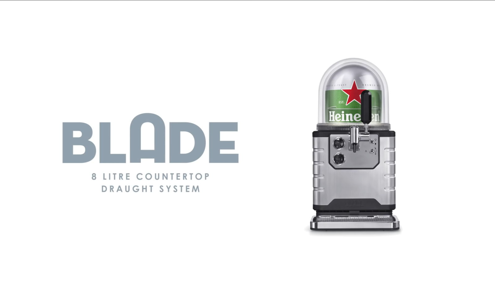 BLADE tap van Heineken met een zilverkleurig design op witte achtergrond.