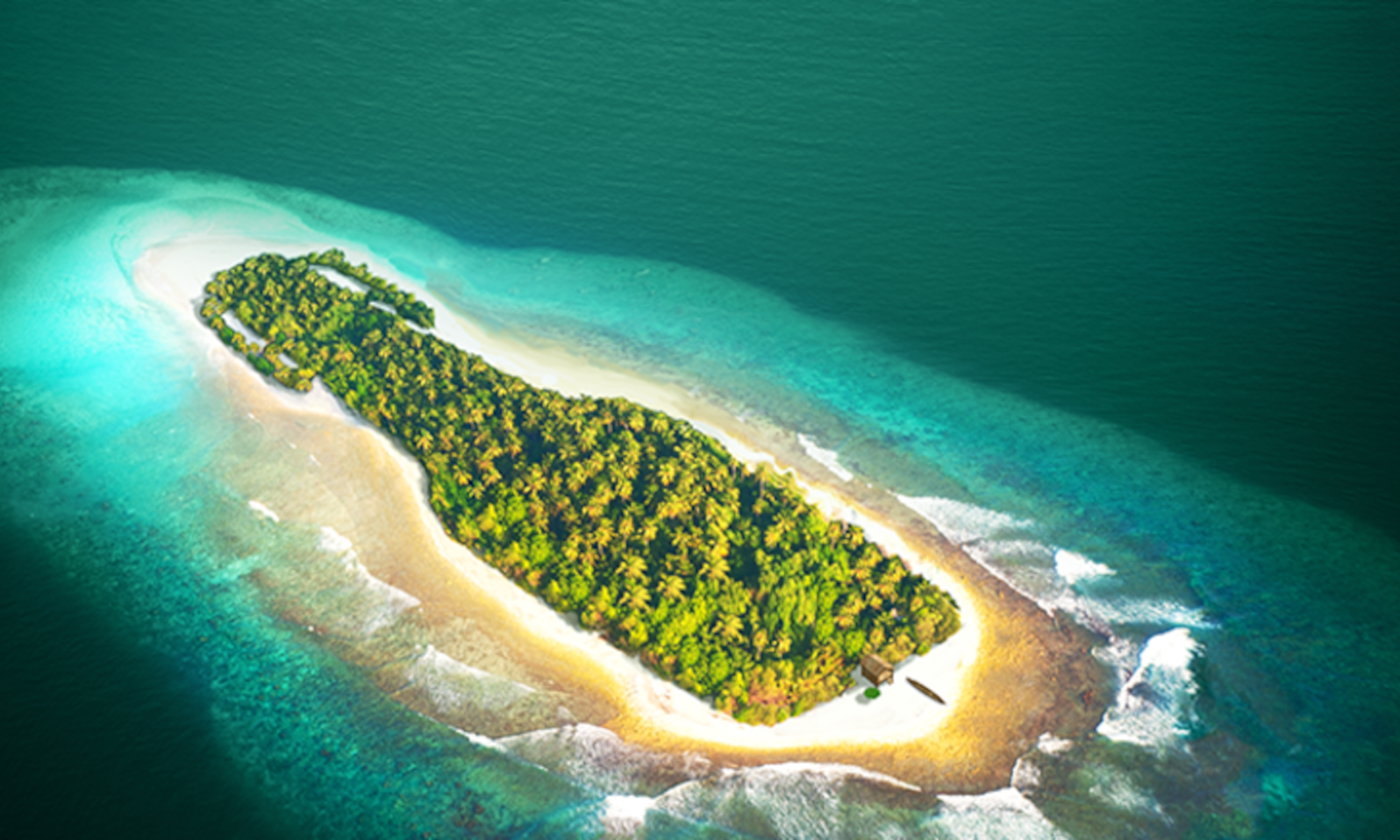 Luchtfoto van een langwerpig tropisch eiland met groene bossen en omringd door helderblauwe zee.