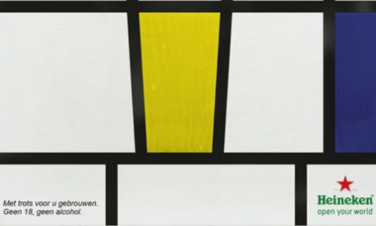 Een Mondriaan-achtige afbeelding met Heineken logo en tekst.