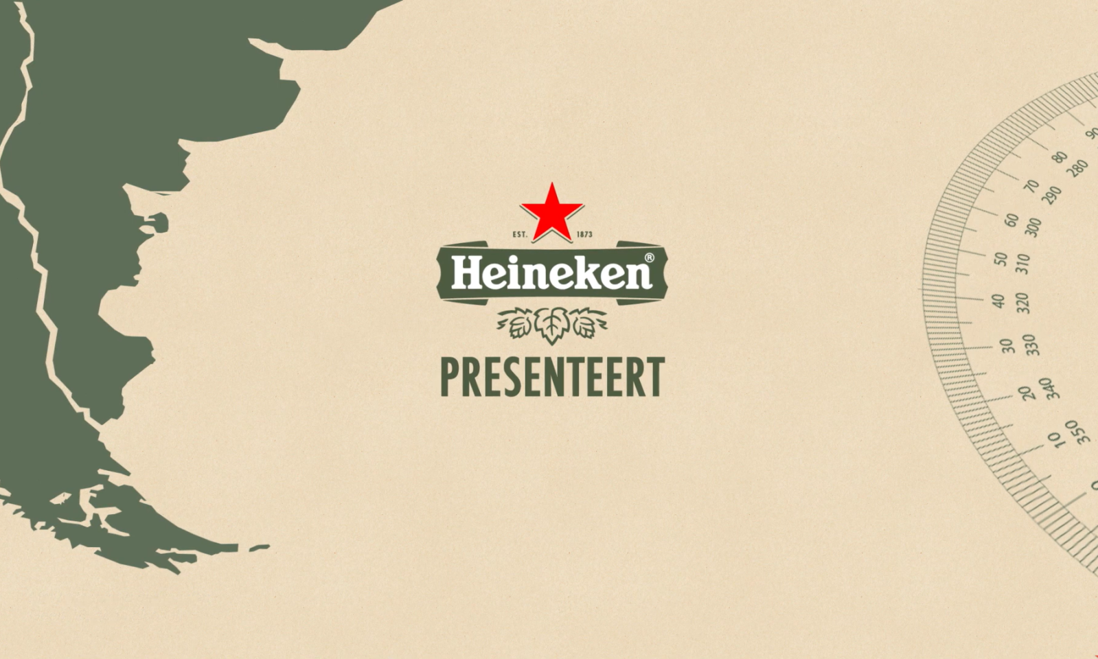 Kaart met Heineken-logo en kompasroos op beige achtergrond.