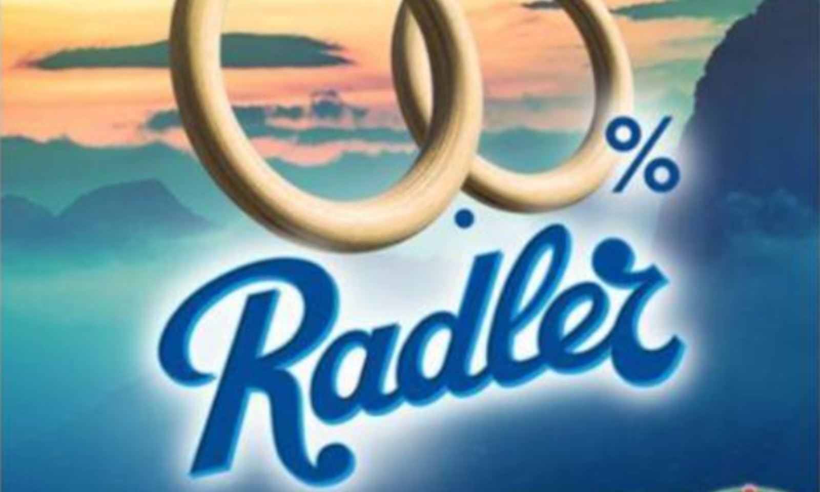 Promotie voor Radler met nul procent alcohol op een kleurrijke achtergrond.