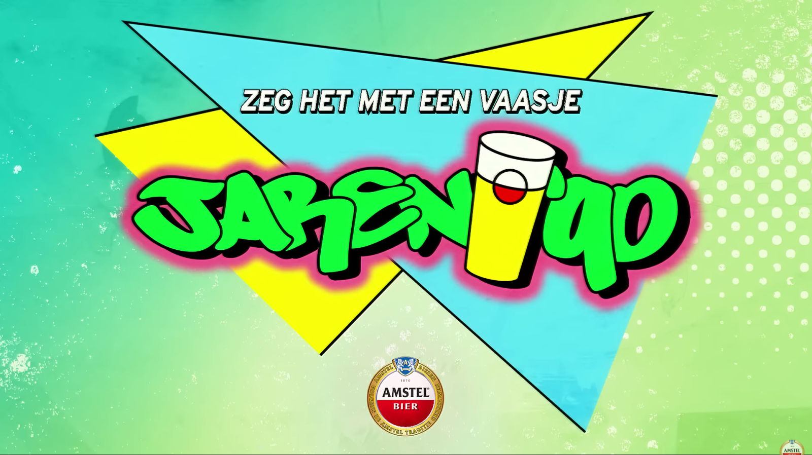 Felgekleurde jaren 90 stijl grafische afbeelding met de tekst 'Zeg het met een vaasje'.