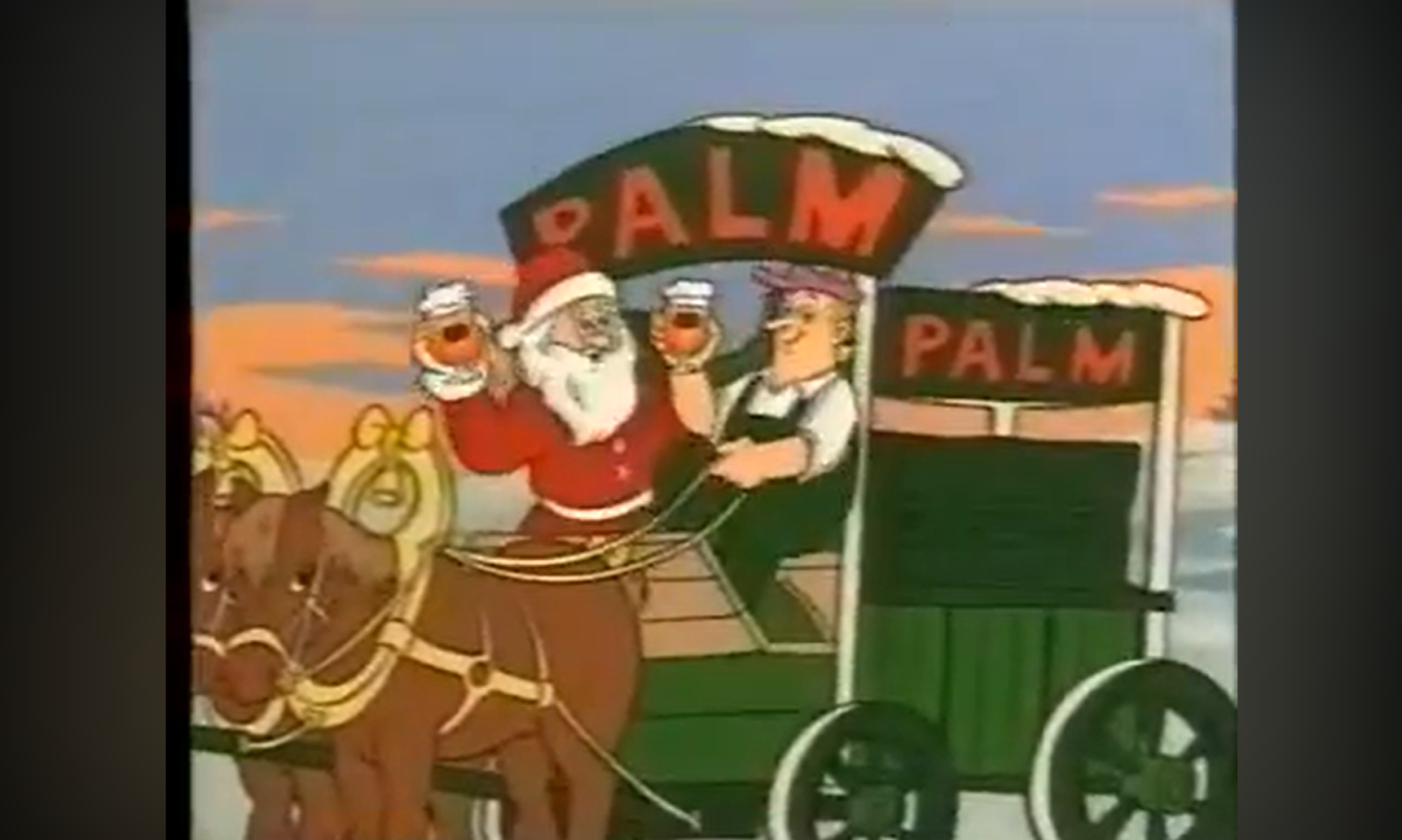 Kerstman die een koets bestuurt met een PALM reclame en glazen bier omhoog houdt.