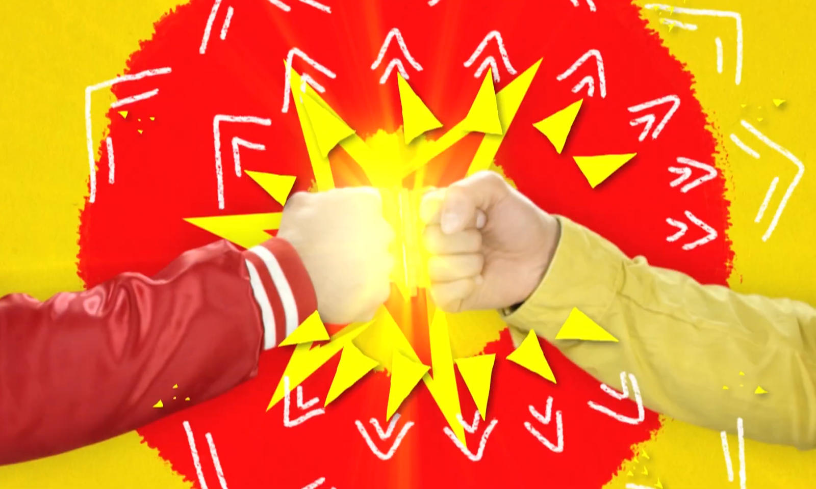 Twee vuisten geven een boks voor een kleurrijke achtergrond.