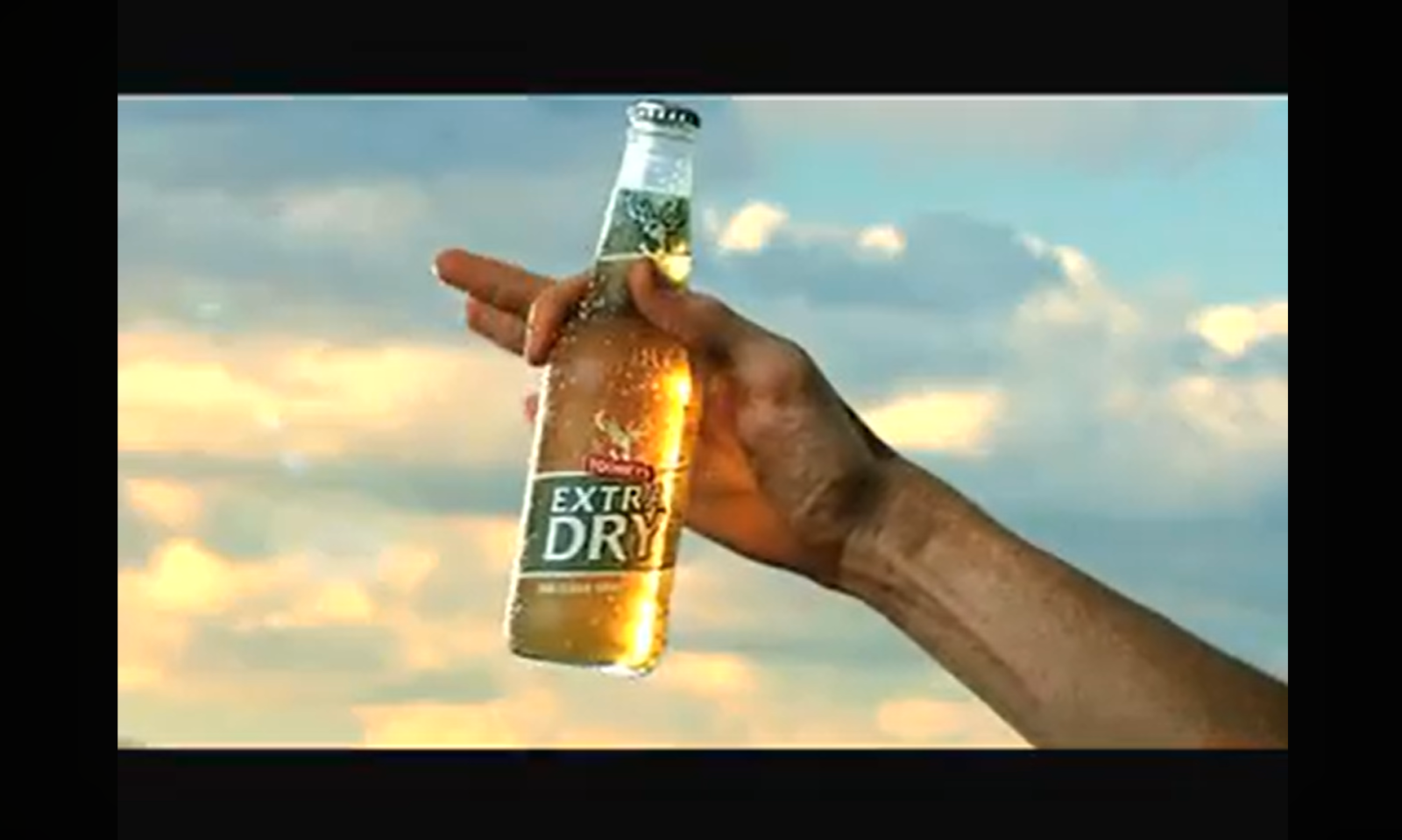 Hand houdt een flesje Tooheys Extra Dry vast tegen een achtergrond van een bewolkte hemel.