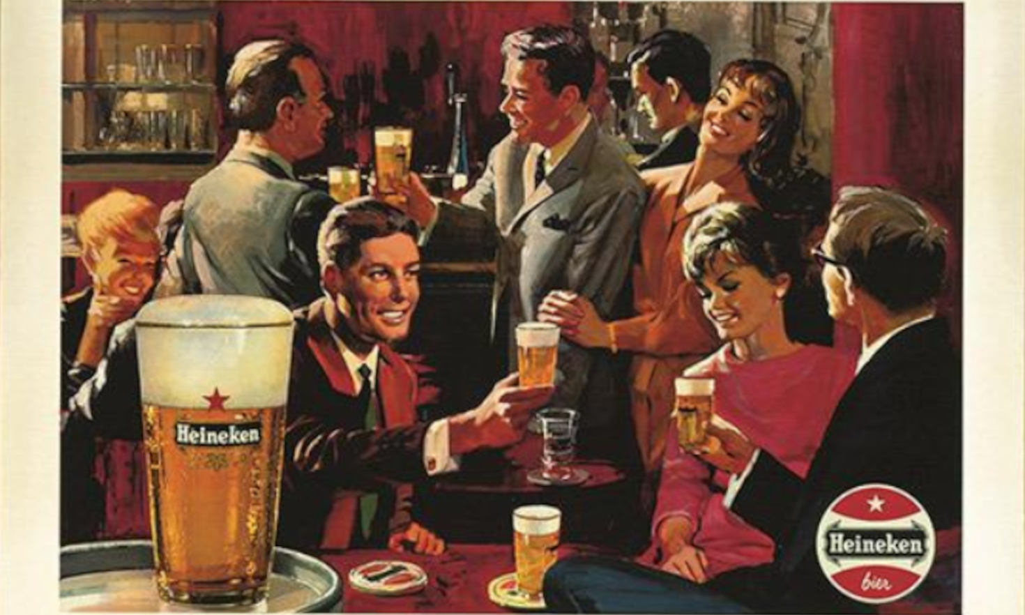 Illustratie van mensen die Heineken bier drinken in een gezellige barsetting.