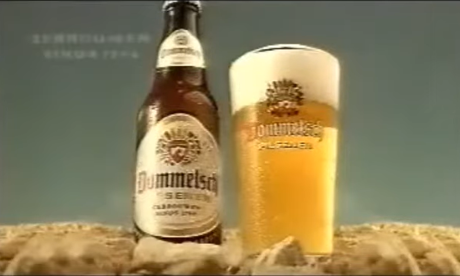 Dommelsch bierfles en glas op tafellaken met zandkleur.