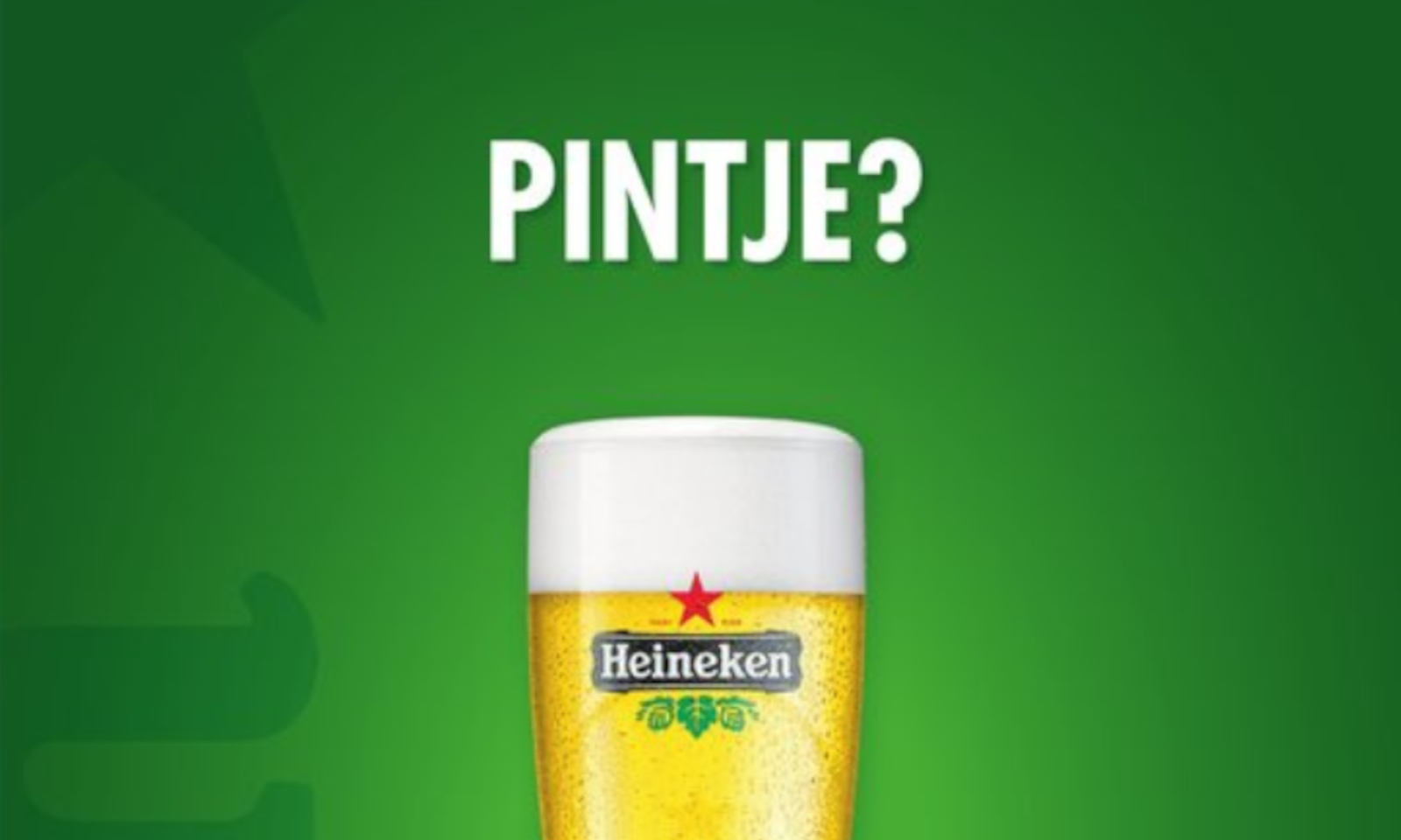 Groene achtergrond met een Heineken glas bier en de tekst 
