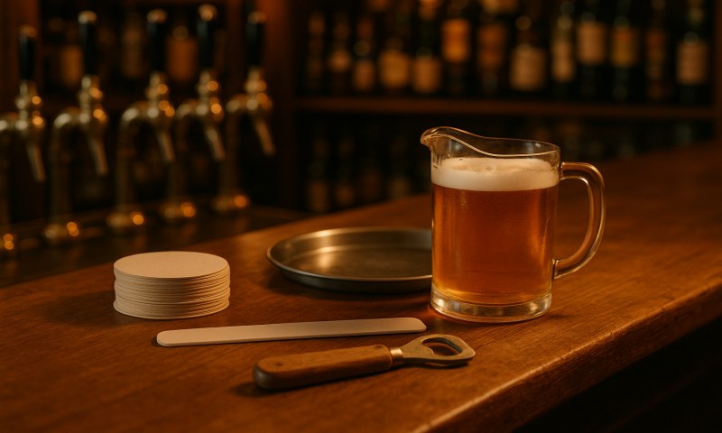 Bierviltjes, een dienblad, een pitcher en een afschuimer op een barblad.