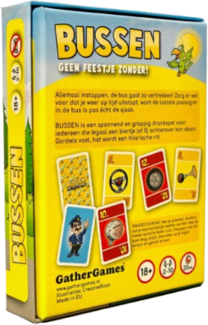 Bussen: geen feestje zonder! Drankspel achterkant van de doos Bussen: geen feestje zonder! Drankspel achterkant van de doos