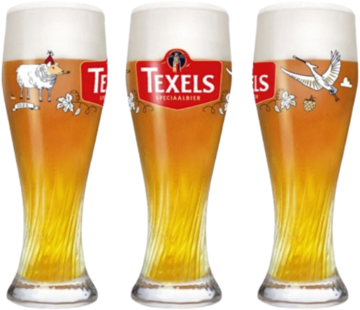 Drie bierglazen van Texels met illustraties van een schaap, hop en een vogel.